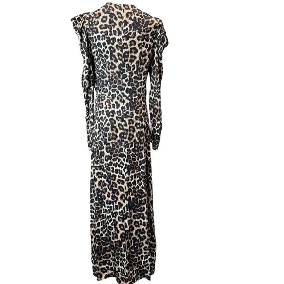 Farm Rio Leopard Print Midi Dress Long Sleeve Ruffle Shoulder Plunge V-Neck Sz S - Picture 4 of 10